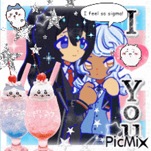 a couple of anime characters standing next to each other with a speech bubble that says i feel so sigma