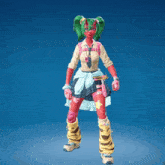 a girl with green hair and red face is standing in front of a blue sky