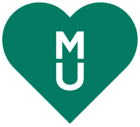 a green heart with a white letter m and u on it