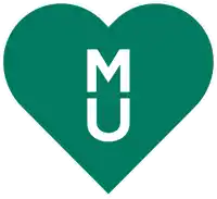 a green heart with a white letter m and u on it