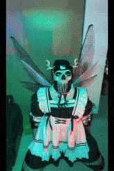a skeleton in a maid outfit with wings