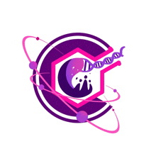 a purple and pink logo with a dna chain in the middle