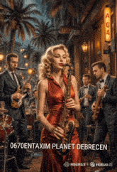 a woman in a red dress is playing a saxophone in front of a group of men