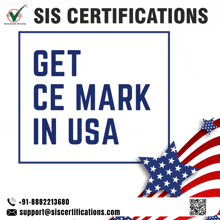 a poster that says get ce mark in usa with an american flag in the background