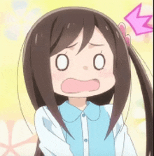 a close up of a cartoon girl with a surprised look on her face .