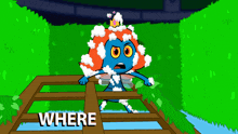 a cartoon character with a crown on her head is standing on a wooden fence with the words where below her