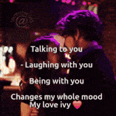 a picture of a man and woman laughing with the caption talking to you