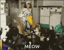 a woman in a dalmatian outfit is surrounded by a bunch of cats .