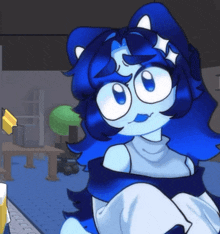 a cartoon drawing of a girl with blue hair and white eyes