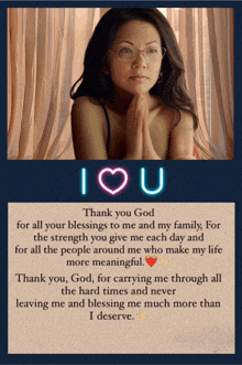 a card with a picture of a woman and the words thank you god for all your blessings to me and my family on it