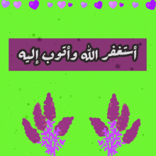 a green background with purple flowers and hearts surrounding the words in arabic