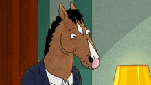 a cartoon horse wearing a suit and tie stands next to a lamp
