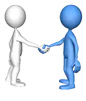 a white man and a blue man shake hands