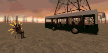 a cartoon character sits in a chair next to a bus in the desert