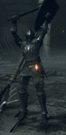 a knight is holding a shield and a sword
