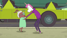a cartoon character wearing a unicorn mask is holding hands with another character