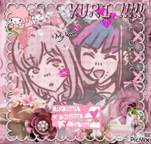 a picture of two girls with the words my love my heart belongs to you on it