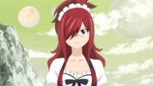 a girl with red hair is wearing a maid 's outfit