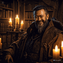 a man with a beard is smiling in a room with candles and the word dreamina at the bottom
