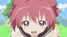 a girl with red hair and purple eyes is standing in a field with her mouth open .