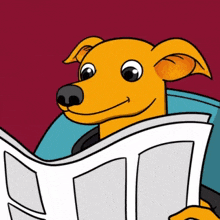 a cartoon dog is reading a newspaper with a red background