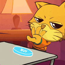 a cartoon cat is pressing a button that says buy