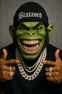 a monkey wearing a black beanie that says blazzard