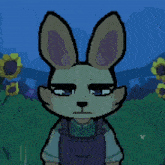 a pixel art drawing of a rabbit wearing overalls standing in a field of sunflowers .