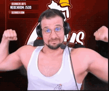 a man wearing headphones flexes his muscles in front of a sign that says dernier bits neochrome 1500