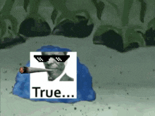 a cartoon character wearing sunglasses and smoking a cigarette with the words `` true '' on it .