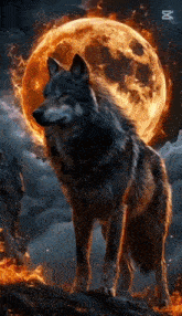 a wolf is standing on a rock in front of a full moon .