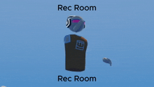 a cartoon character wearing headphones and a black shirt that says rec room on it