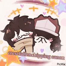 a cartoon drawing of two people kissing with the caption crestfallenshipping canon