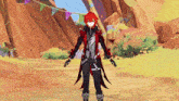 a cartoon character with red hair and a mask is standing on a dirt road .