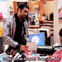 Three Words. Treat. Yo. Self. - Parks And Recreation GIF - Treat Yo Self Treat Yourself Aziz Ansari GIFs
