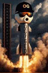 a rocket with og written on it is being launched into space