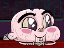a close up of a cartoon character laying on a red carpet with his mouth open .