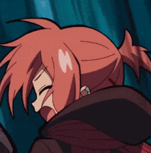 a close up of a cartoon character with red hair and a surprised look on her face