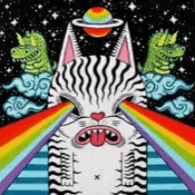 a pixel art of a cat with a rainbow coming out of it 's mouth