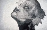 a black and white drawing of a person 's face looking up