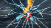 a man with a sword is surrounded by lightning and a fireball