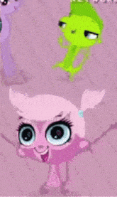 three cartoon characters are standing next to each other on a pink surface .