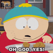 a cartoon character from south park is holding a plate of food and says oh god yes