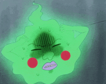a cartoon drawing of a green monster with a purple face