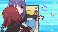 a girl with purple hair is hugging another girl with red hair in front of a sign that says " go "