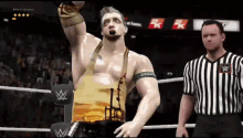 a man in a wrestling ring with a green band around his waist that says cena