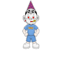 a cartoon monkey wearing a party hat and sunglasses has wow written on his shirt