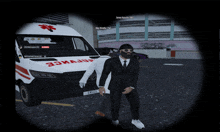 a man in a suit stands in front of an ambulance that says ambulance on it