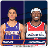 a flyer for a basketball game between the phoenix suns and the wizards of washington