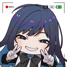 a girl giving a peace sign in front of a screen that says rec hd and 4k